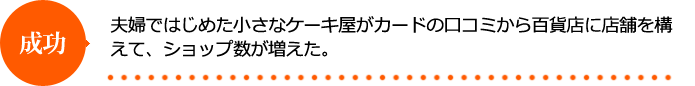 夫婦ではじめた小さなケーキ屋がカードの口コミから百貨店に店舗を構えて、ショップ数が増えた。